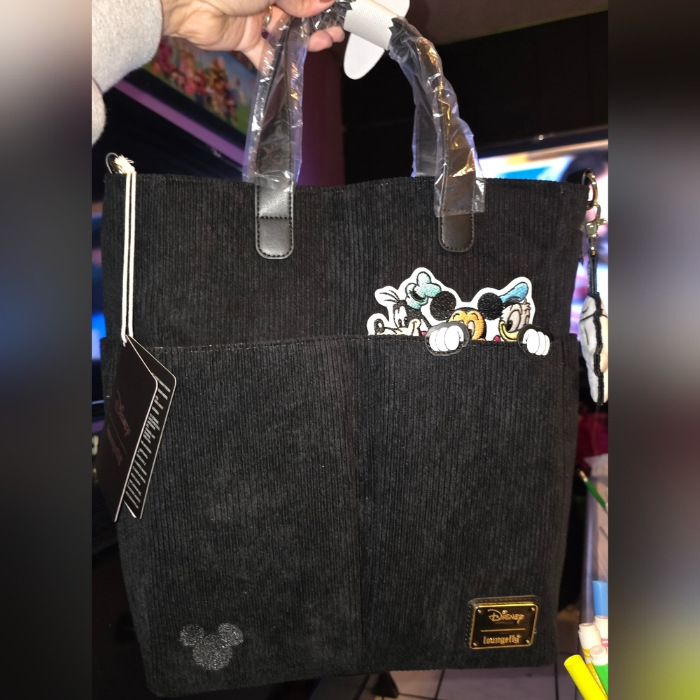 New! Loungefly Disney Mickey & Friends Peeking Pocket Corduroy Tote